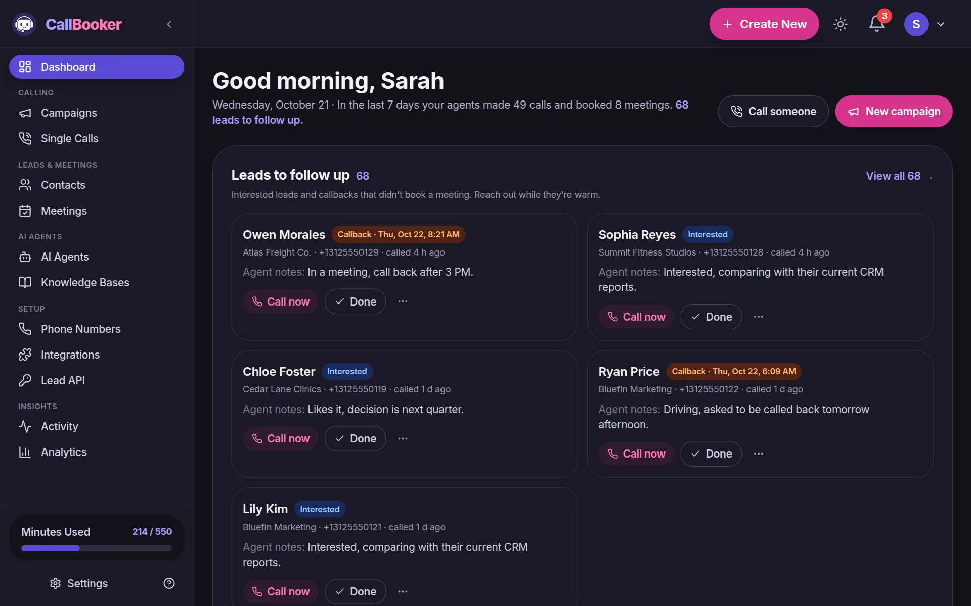 CallBooker dashboard: leads to follow up with the AI agent's notes, call stats and a live campaign