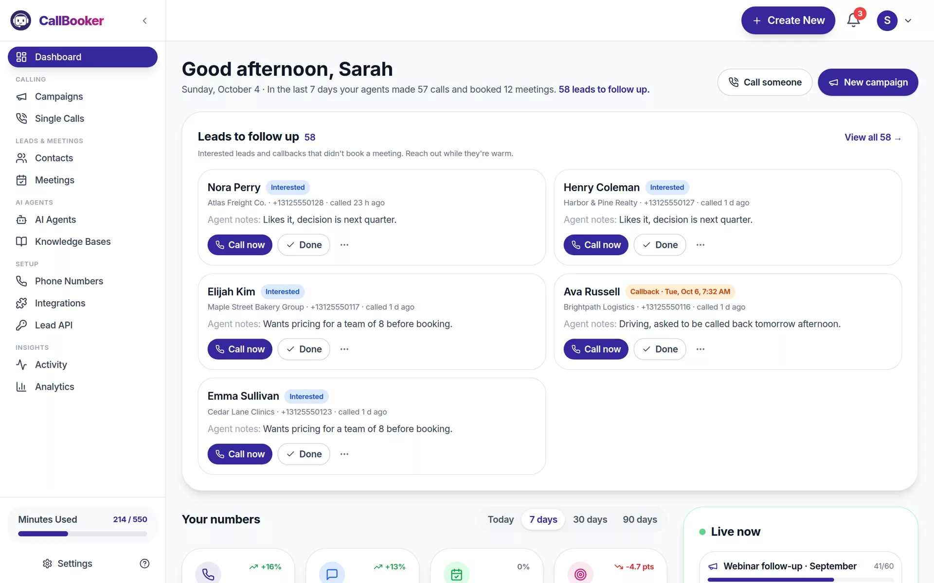CallBooker dashboard: leads to follow up with the AI agent's notes, call stats and a live campaign