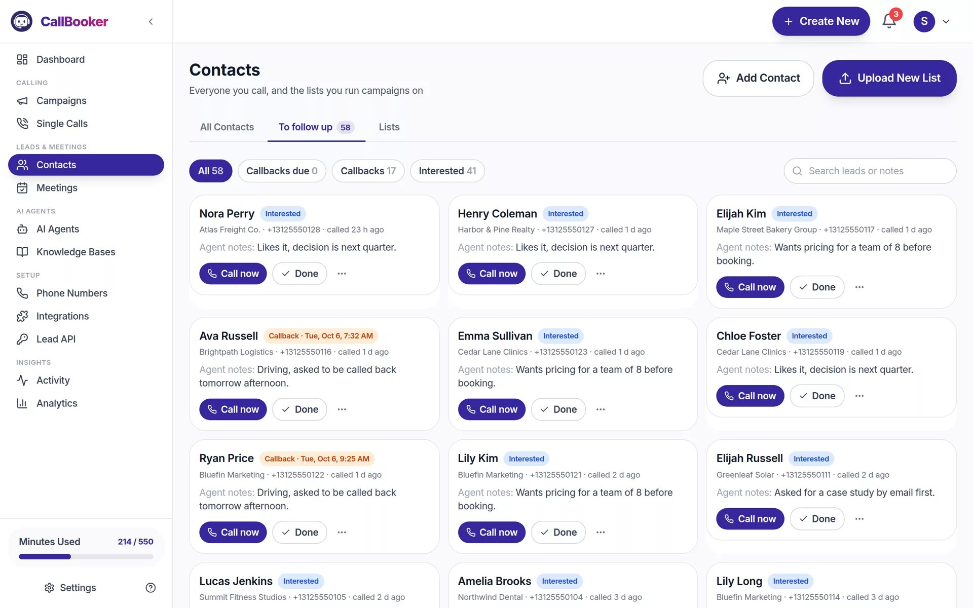 CallBooker Follow-ups: Interested leads and callbacks the AI didn’t book, with its notes from the call. One click to call back.